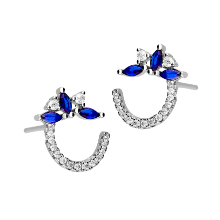 Kolczyki srebrne półkółko z białymi i niebieską cyrkonią/sztyft TB 24503 próba 925