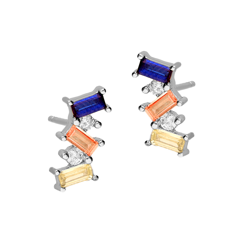 Kolczyki srebrne trzy kolorowe cyrkonie bagiety/sztyft DA1021 próba 925
