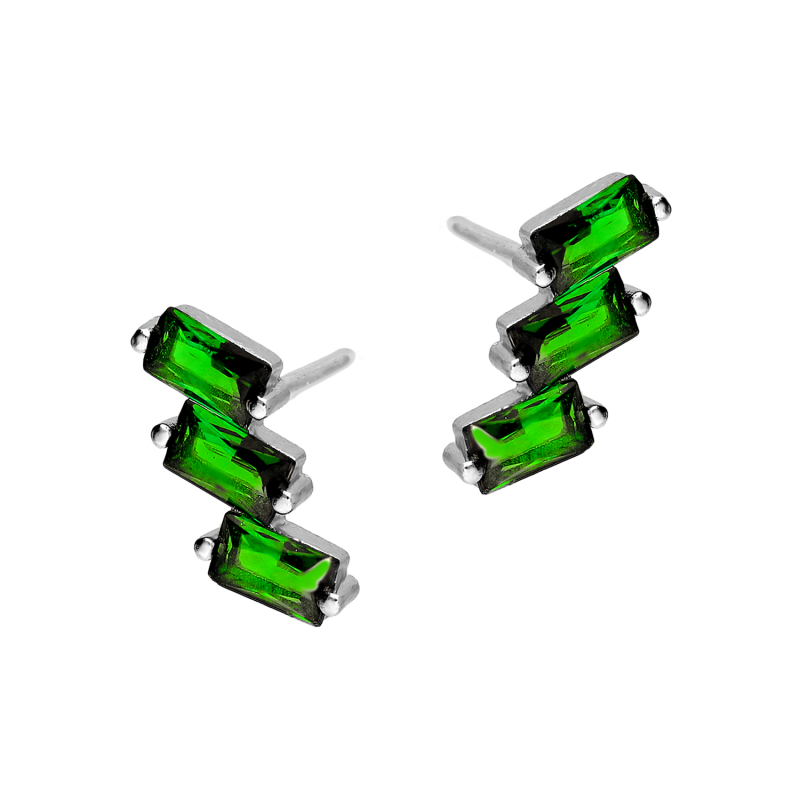 Kolczyki srebrne trzy zielone cyrkonie bagiety/sztyft DA1022 próba 925