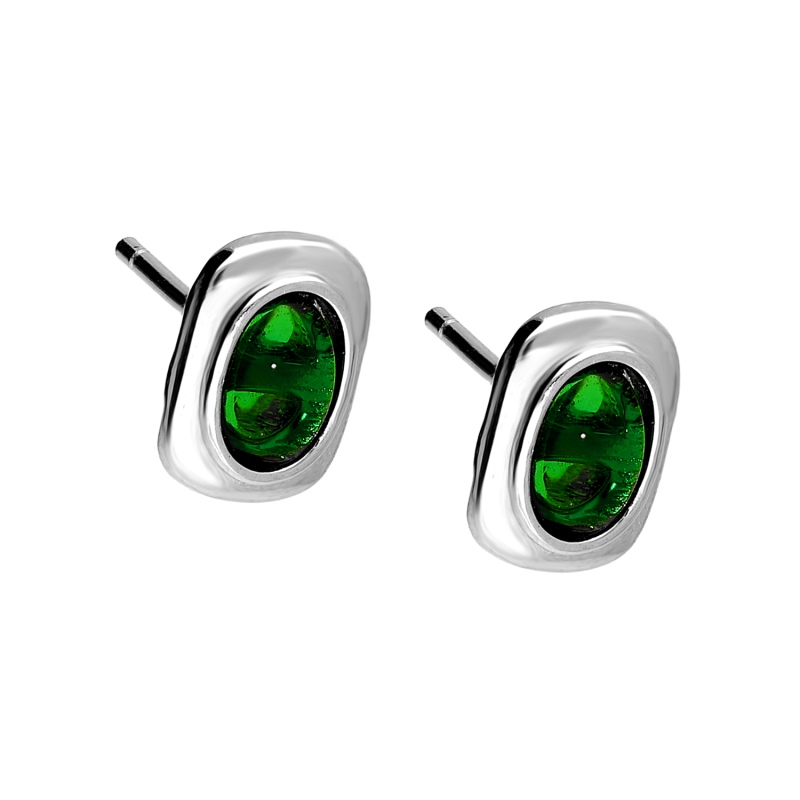 Kolczyki srebrne prostokąt obły z zieloną cyrkonią/sztyft DA1033 próba 925