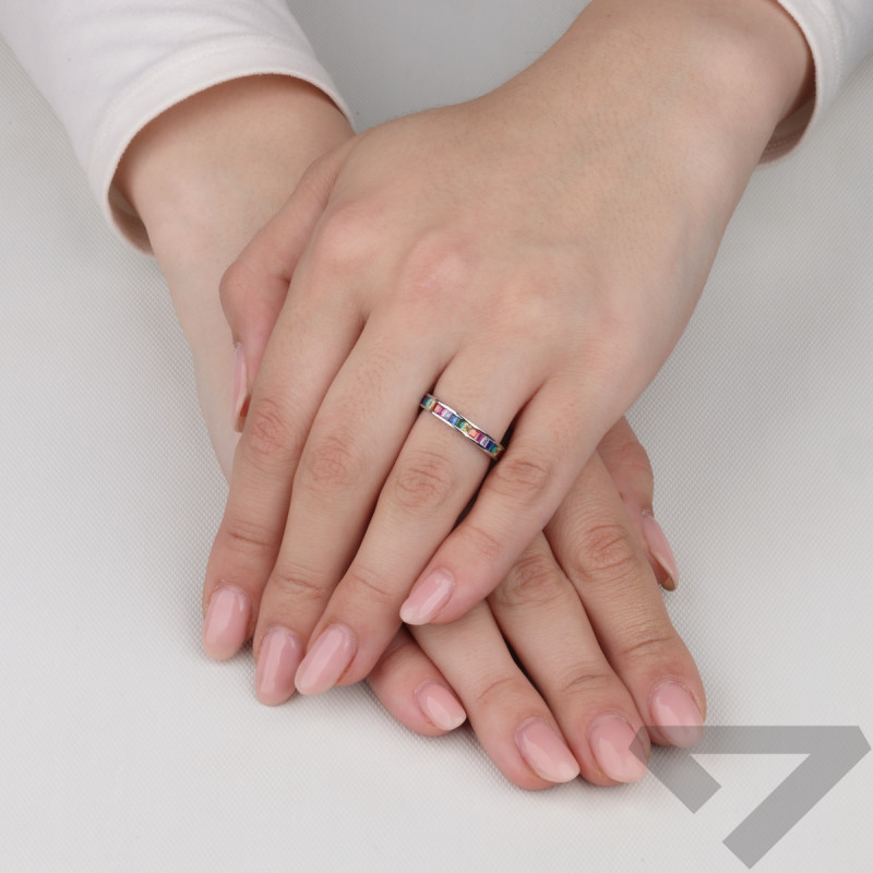 Pierścionek srebrny obrączka miłości z kolorowymi cyrkoniami  HS1512-1 próba 925