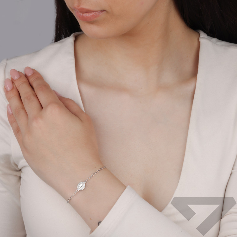 Bransoleta srebrna Niepokalana z białymi cyrkoniami/rolo long M3-497 ROD próba 925