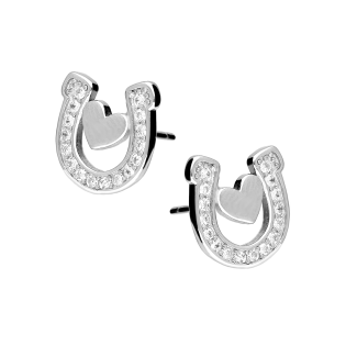 Kolczyki srebrne podkowa z sercem i białymi cyrkoniami/sztyft TB 22936 próba 925