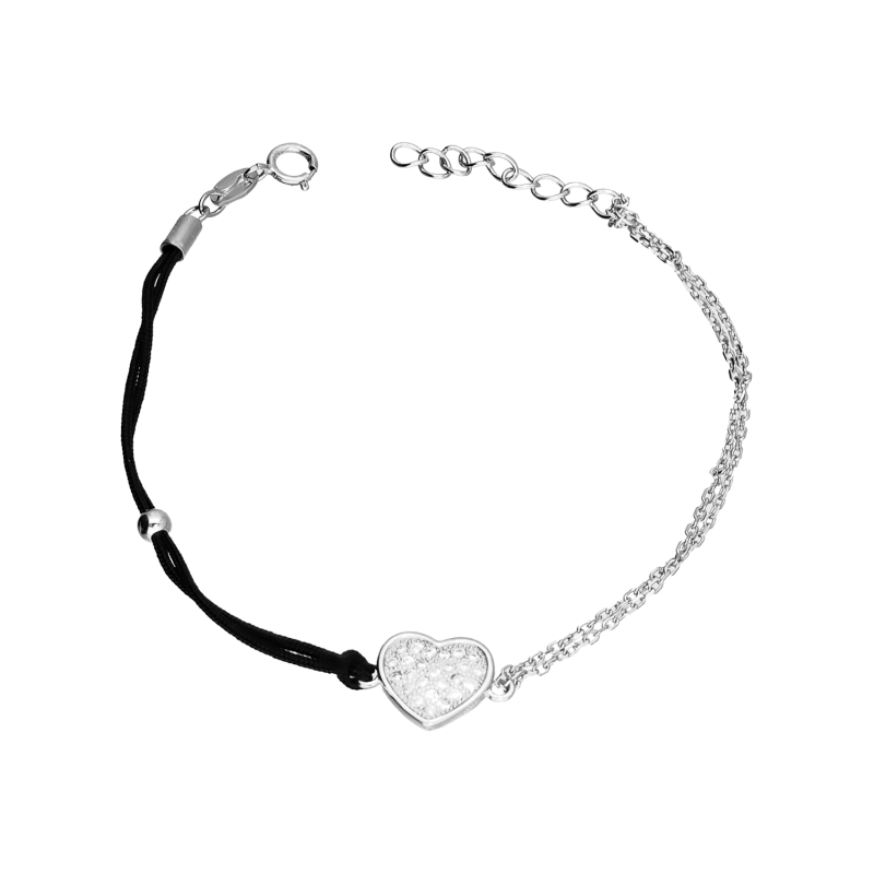 Srebrna Bransoletka Serce Cyrkonie Sznurek Rolo pr. 925 - JubilerSezam.pl