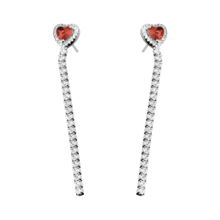 Kolczyki srebrne rząd białych cyrkonii i serce z czerwoną cyrkonią PW730 ROD cr próba 925