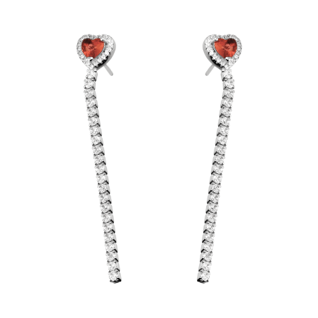 Kolczyki srebrne rząd białych cyrkonii i serce z czerwoną cyrkonią PW730 ROD cr próba 925
