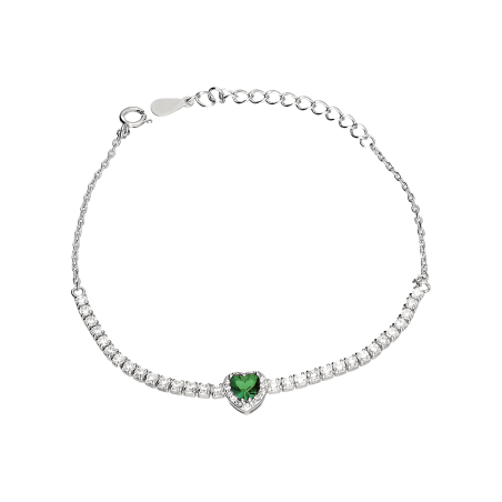 Bransoleta srebrna rząd cyrkonii i serce z zieloną cyrkonią/rolo PW730 ROD cz próba 925