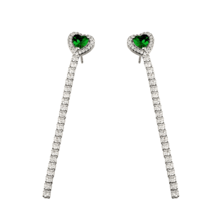 Kolczyki srebrne rząd cyrkonii i serce z zieloną cyrkonią/sztyft PW730 ROD cz próba 925