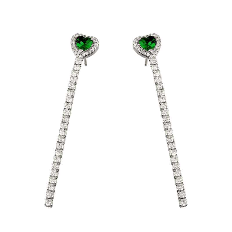 Kolczyki srebrne rząd cyrkonii i serce z zieloną cyrkonią/sztyft PW730 ROD cz próba 925