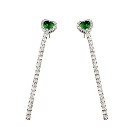 Kolczyki srebrne rząd cyrkonii i serce z zieloną cyrkonią/sztyft PW730 ROD cz próba 925