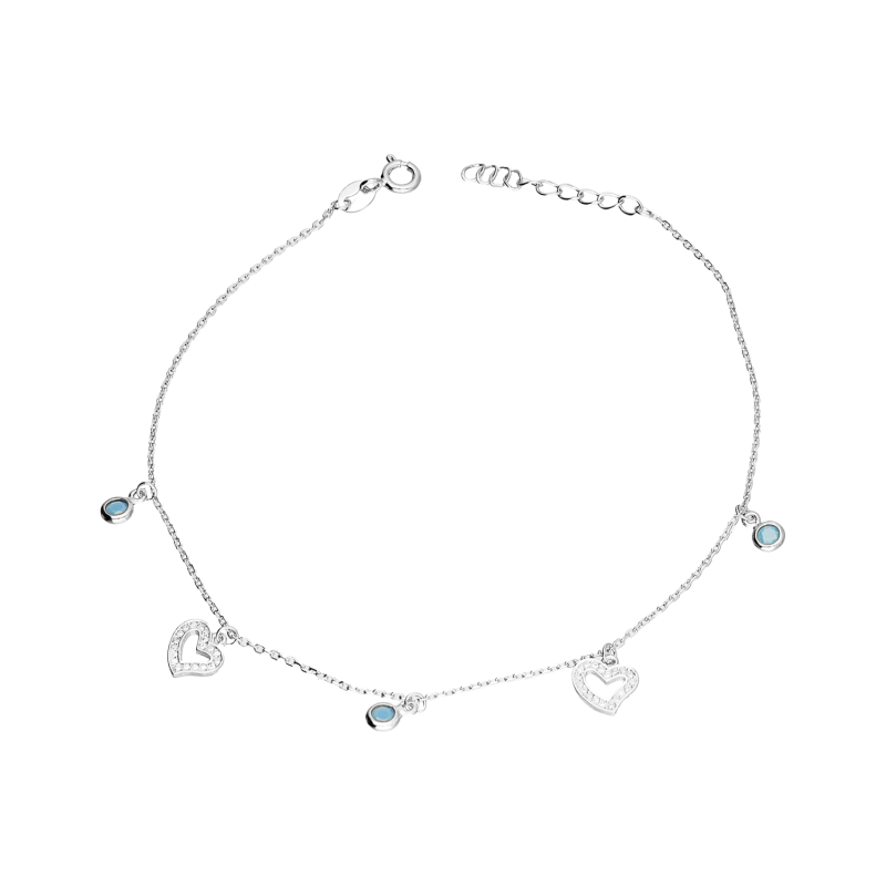 Bransoleta srebrna na nogę serca i niebieskie cyrkonie