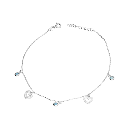 Bransoleta srebrna na nogę serca i niebieskie cyrkonie