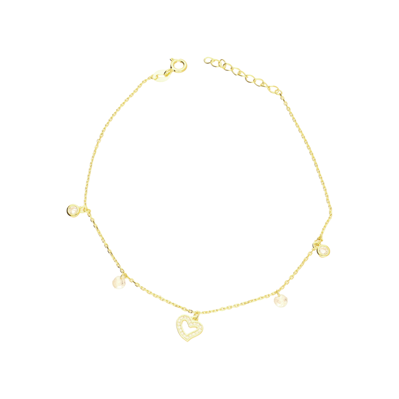 Bransoleta pozłacana na nogę serce i cyrkonie PW733 GOLD serce+cyr fasx2+ cyr próba 925