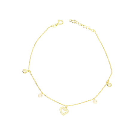 Bransoleta pozłacana na nogę serce i cyrkonie PW733 GOLD serce+cyr fasx2+ cyr próba 925