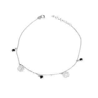 Srebrna bransoletka na nogę koniczynki, czarne cyrkonie - JubilerSezam.pl