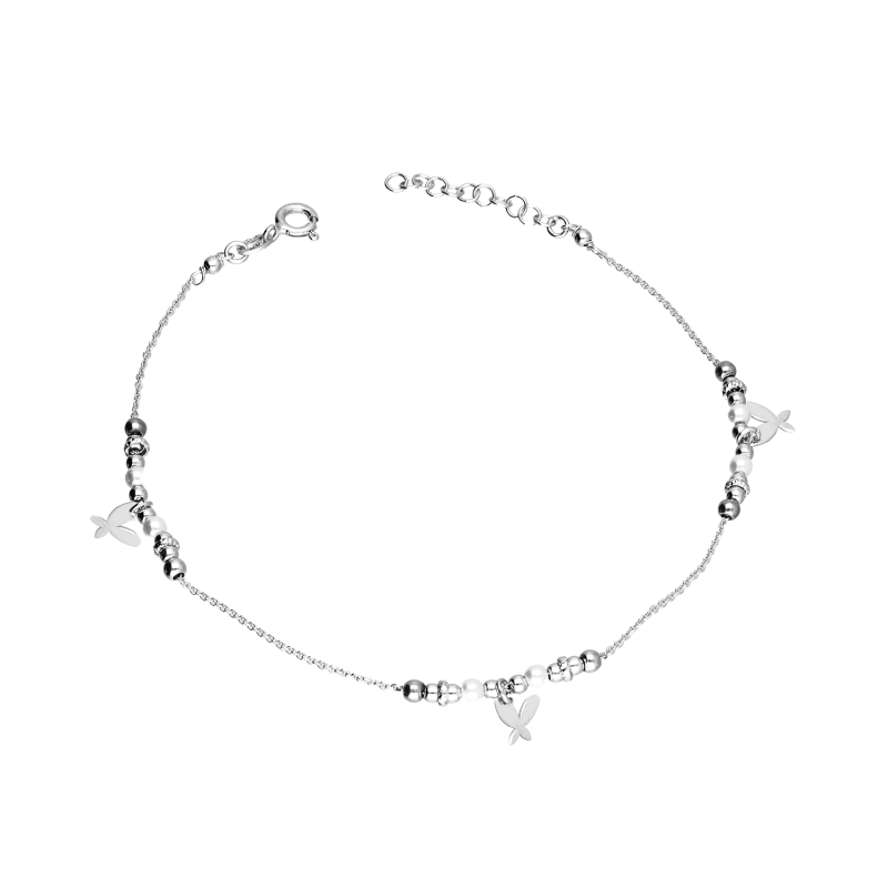 Bransoleta srebrna na nogę z perłami, kulkami i motylkami PW757 ROD motyl wisz+per+kulki b próba 925