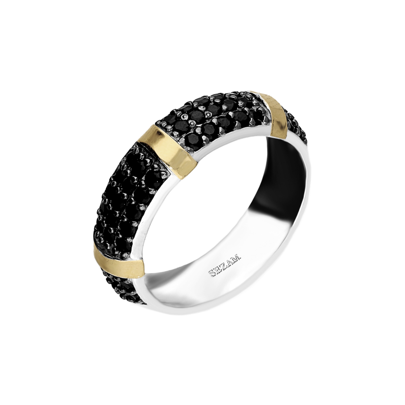 Pierścionek srebrny obrączkowy z czarnymi cyrkoniami i blaszkami ze złota 375