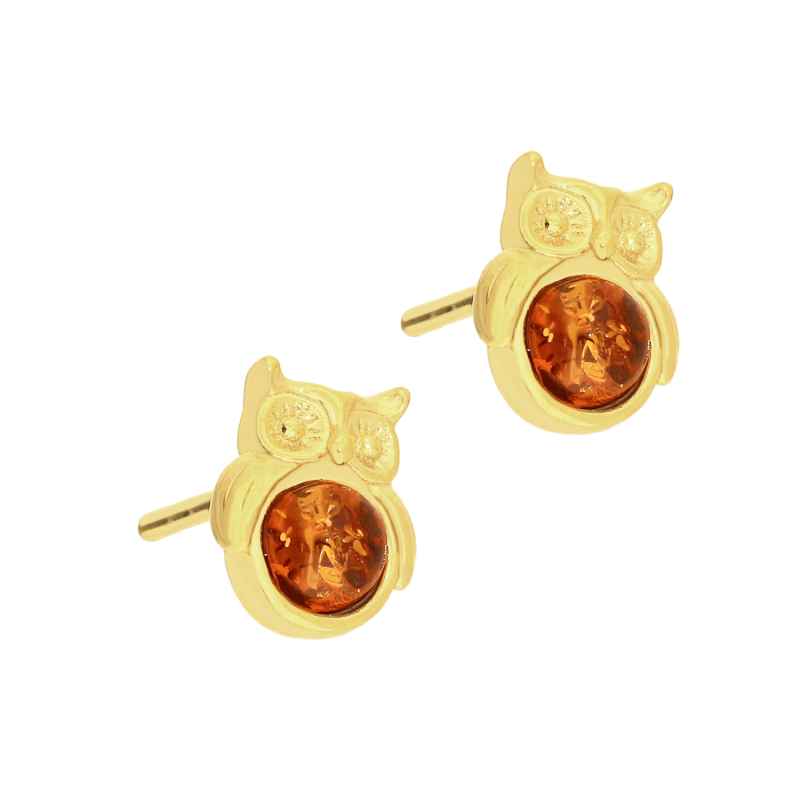 Kolczyki pozłacane sowa z bursztynem koniakowym/sztyft EI K70S.GP.K-koniak próba 925