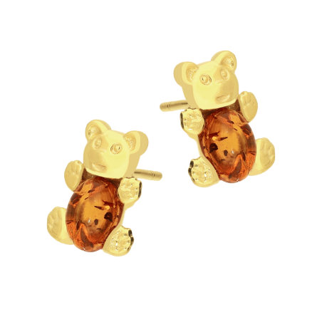 Kolczyki pozłacane miś z owalnym bursztynem koniakowym/sztyft EI K75S.GP.K-koniak próba 925