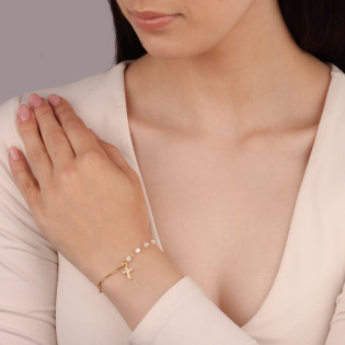 Bransoleta pozłacana krzyżyk z cyrkoniami i walce z masą perłową/rolo M3-432 GOLD próba 925