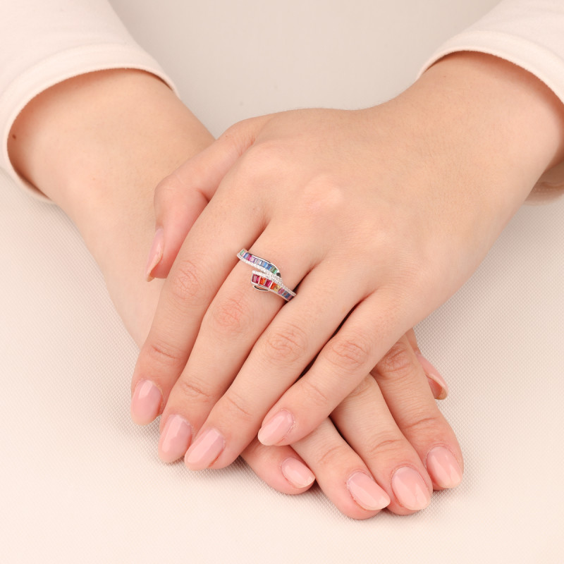 Pierścionek srebrny z kolorowymi cyrkoniami bagietami HS1993 próba 925