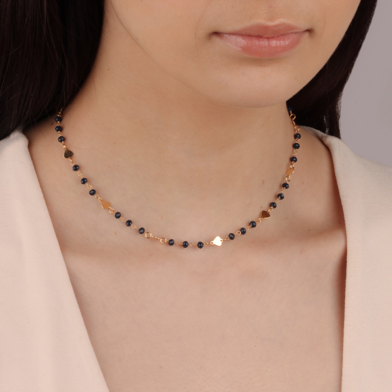 Naszyjnik pozłacany c.niebieskie kulki i serca M3-173 GOLD próba 925