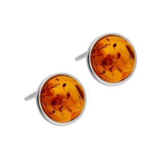 Kolczyki srebrne bursztyn koniakowy w okrągłej oprawie