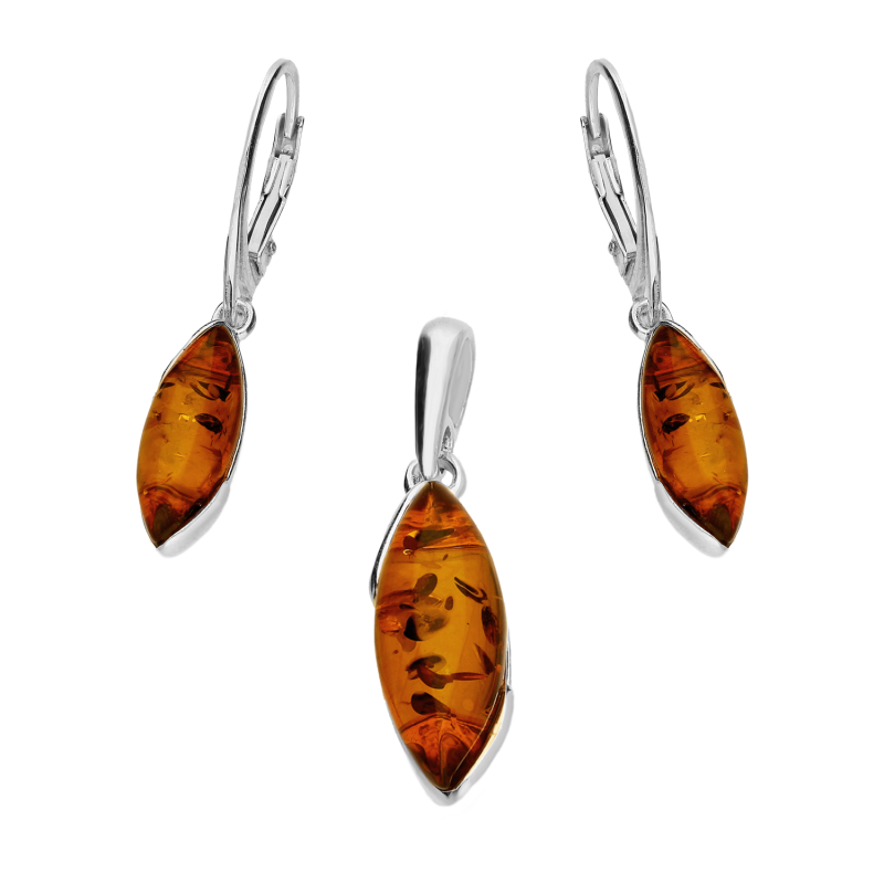 Srebrny Komplet z Bursztynem Łezka - Kolczyki i Zawieszka - JubilerSezam.pl
