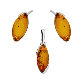Srebrny Komplet z Bursztynem Koniakowym - Kolczyki i Zawieszka - JubilerSezam.pl