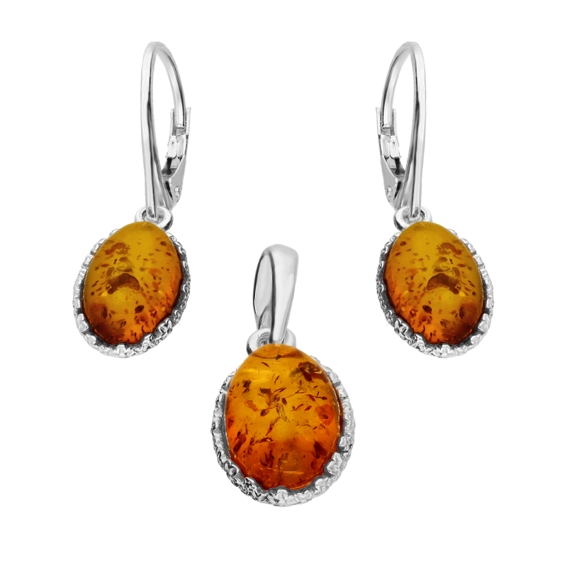 Komplet srebrny kolczyki i wisiorek owalny bursztyn koniakowy