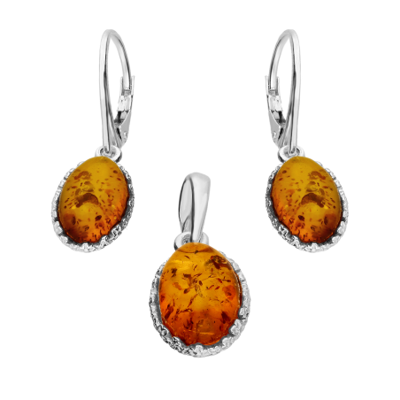Komplet srebrny kolczyki i wisiorek owalny bursztyn koniakowy