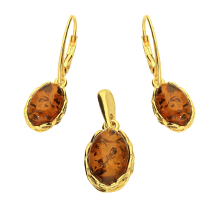 Komplet z bursztynem koniakowym w oprawie ze srebra 925 w kolorze złotym