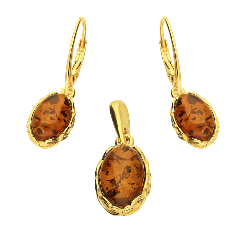 Komplet z bursztynem koniakowym w oprawie ze srebra 925 w kolorze złotym
