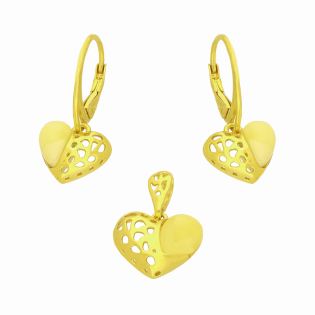 Komplet srebrny 925 w kolorze złotym w kształcie serca z bursztynem mlecznym