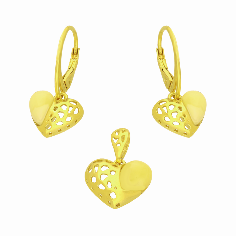 Komplet srebrny 925 w kolorze złotym w kształcie serca z bursztynem mlecznym