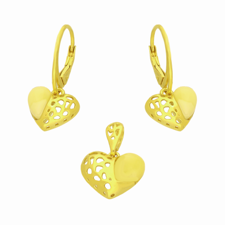 Komplet srebrny 925 w kolorze złotym w kształcie serca z bursztynem mlecznym