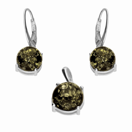 Komplet srebrny kolczyki i zawieszka z zielonym bursztynem EI K52B+W52.AG-Z-zielony próba 925