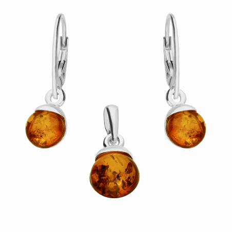 Komplet srebrny kolczyki i wisiorek z okrągłym bursztynem koniakowym