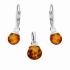 Komplet srebrny kolczyki i wisiorek z okrągłym bursztynem koniakowym