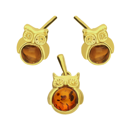 Komplet srebrny pozłacany kolczyki i zawieszka sowa z bursztynem próba 925