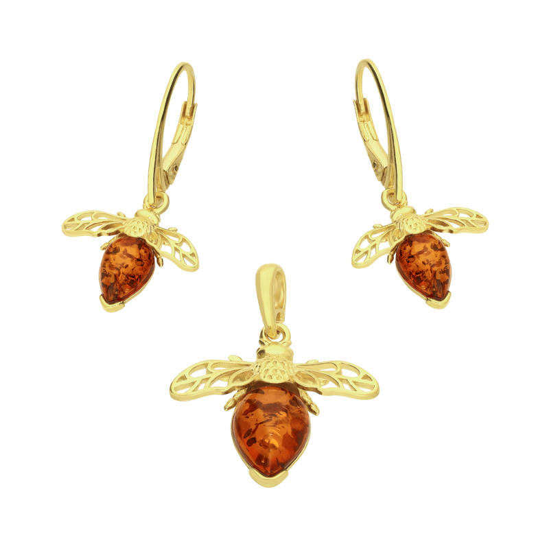 Komplet srebrny koloru złotego kolczyki i wisiorek pszczoła z bursztynem