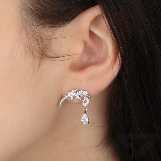 Kolczyki srebrne piórko z cyrkoniami i wisząca kropla/sztyft AT926 próba 925