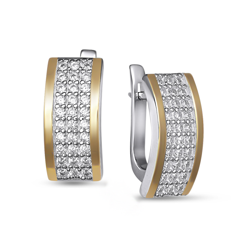 Kolczyki srebrne trzy rzędy białych cyrkonii i złota blaszka/ang.zap. BM 548_AU375 blaszka gold