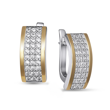 Kolczyki srebrne trzy rzędy białych cyrkonii i złota blaszka/ang.zap. BM 548_AU375 blaszka gold