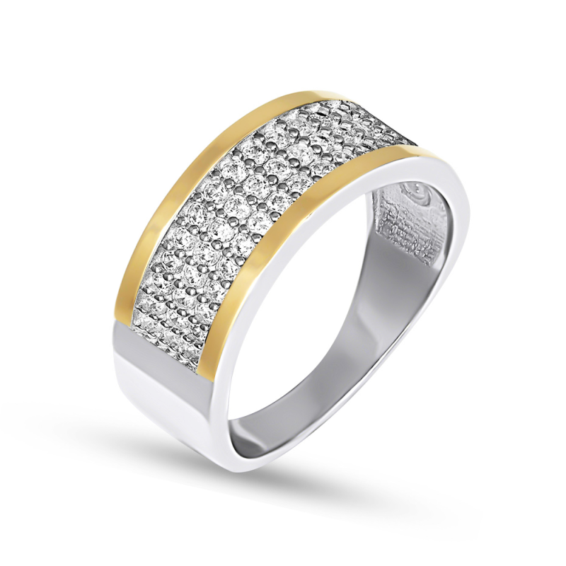 Pierścionek srebrny trzy rzędy białych cyrkonii i złota blaszka BM 548_AU375 blaszka gold