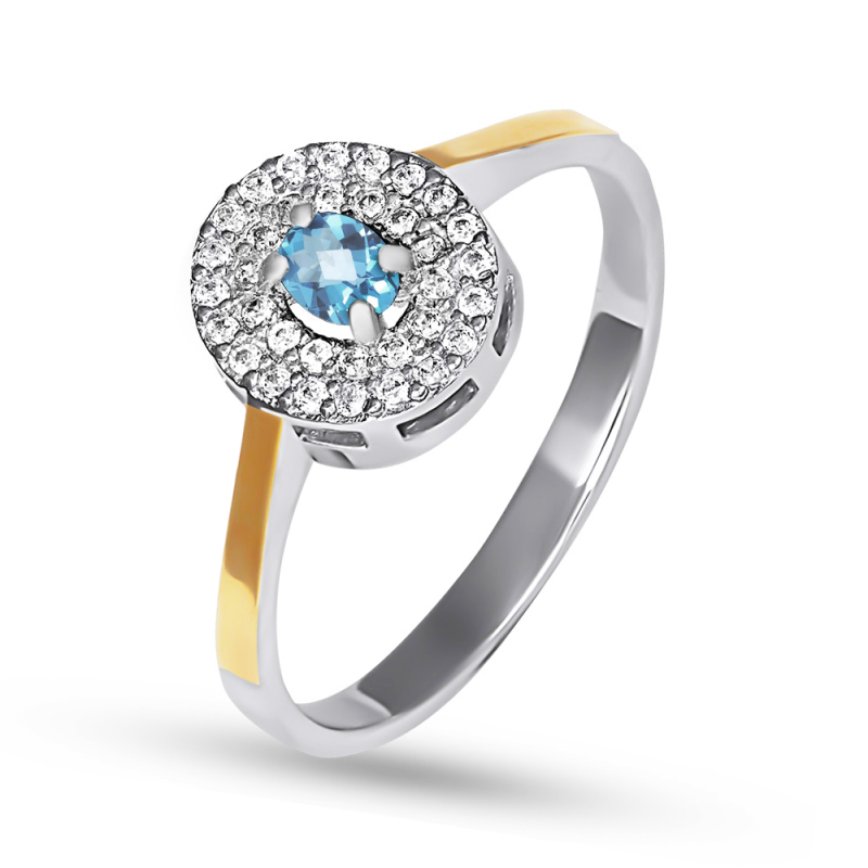 Pierścionek srebrny owal z niebieską i białymi cyrkoniami BM 752 AZ_AU375 blaszka gold