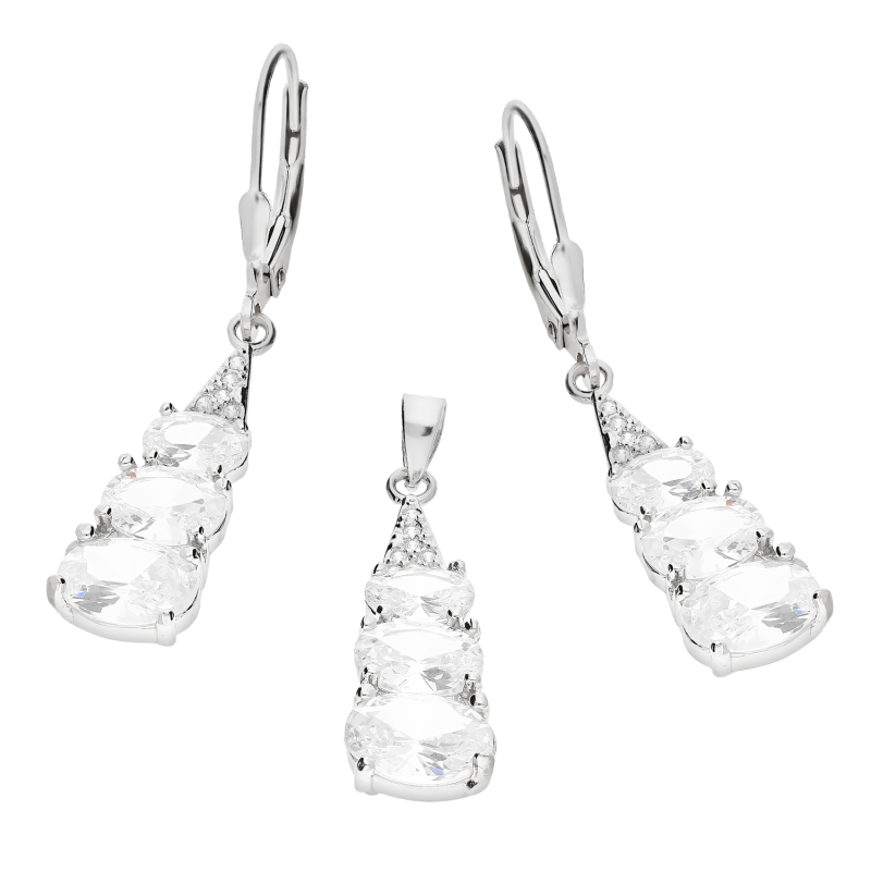 Srebrny Komplet Kolczyki i Zawieszka Owalne Cyrkonie - JubilerSezam.pl