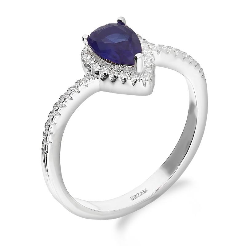 Srebrny Pierścionek Kropla z Szafirową Cyrkonią - JubilerSezam.pl