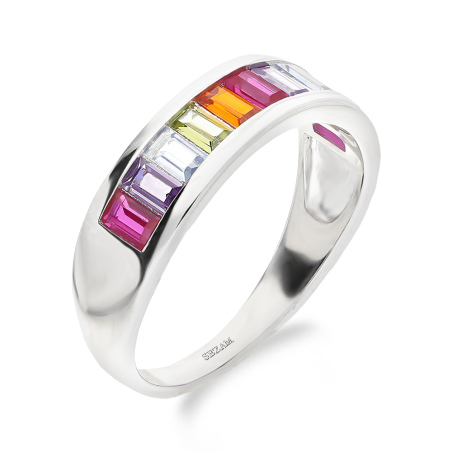 Pierścionek srebrny z kolorowymi cyrkoniami bagietami HS2056 próba 925