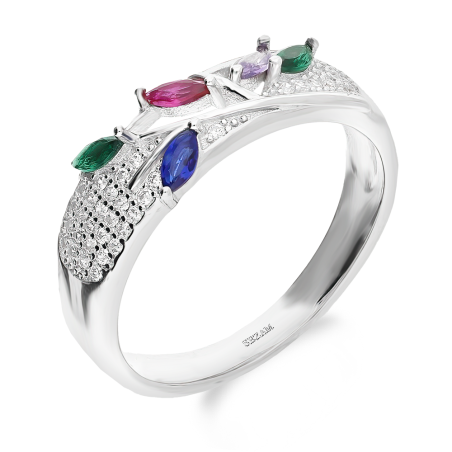 Pierścionek srebrny z białymi cyrkoniami i listkami kolorowymi HS2057 próba 925
